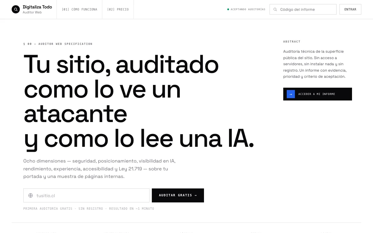 Auditor Web de Digitaliza Todo: seguridad, SEO, IA y rendimiento