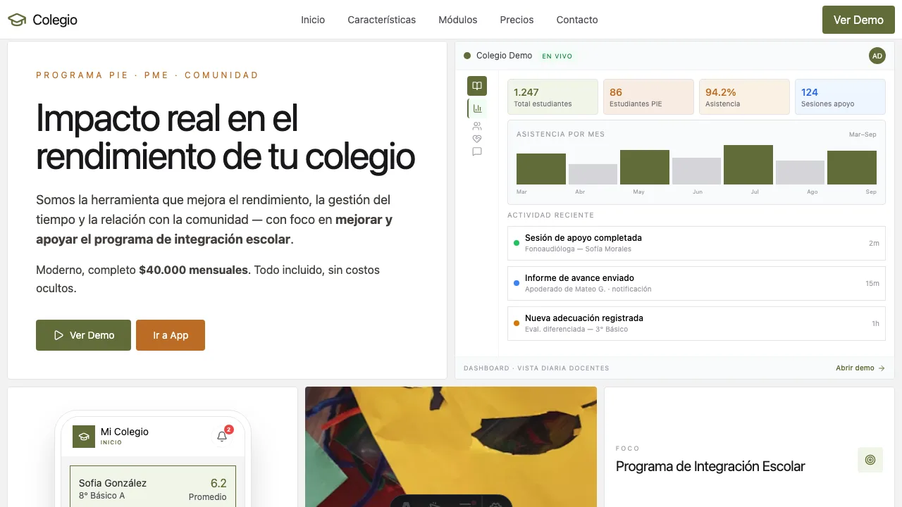 Landing del producto Colegio con dashboard demo en vivo