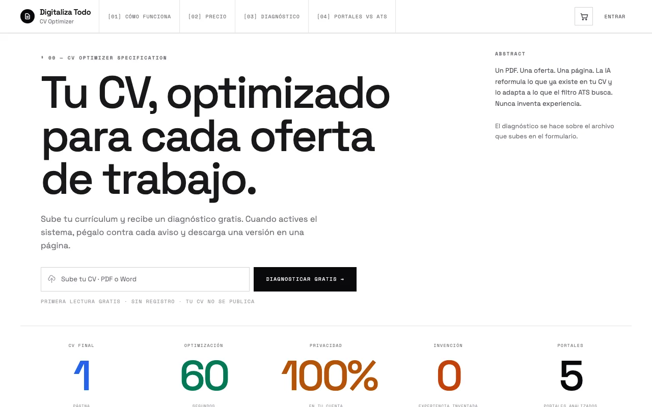 CV Optimizer de Digitaliza Todo: diagnóstico ATS y CV adaptado por oferta
